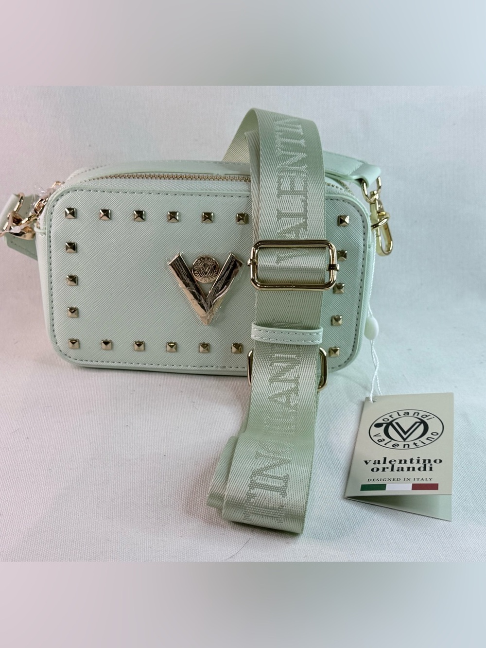 Valentino Orlandi Pale Mint Green Studded Crossbody Bag with Logo Strap